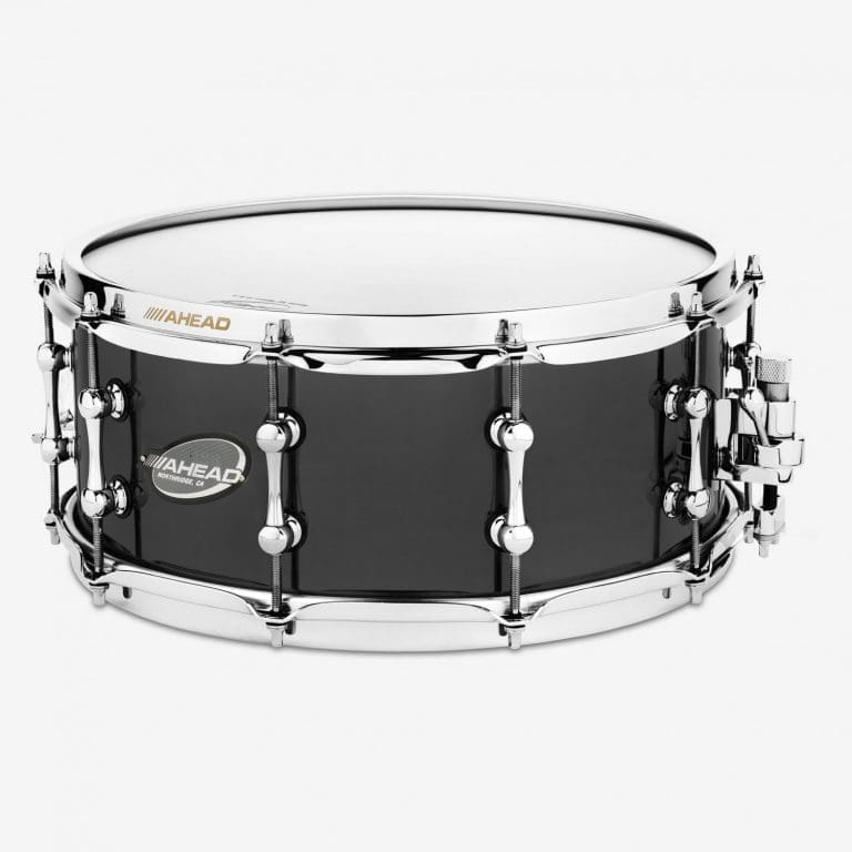 AHEAD Black Chrome on Bell Brass Snare Drum with Chrome Trick Throw Off