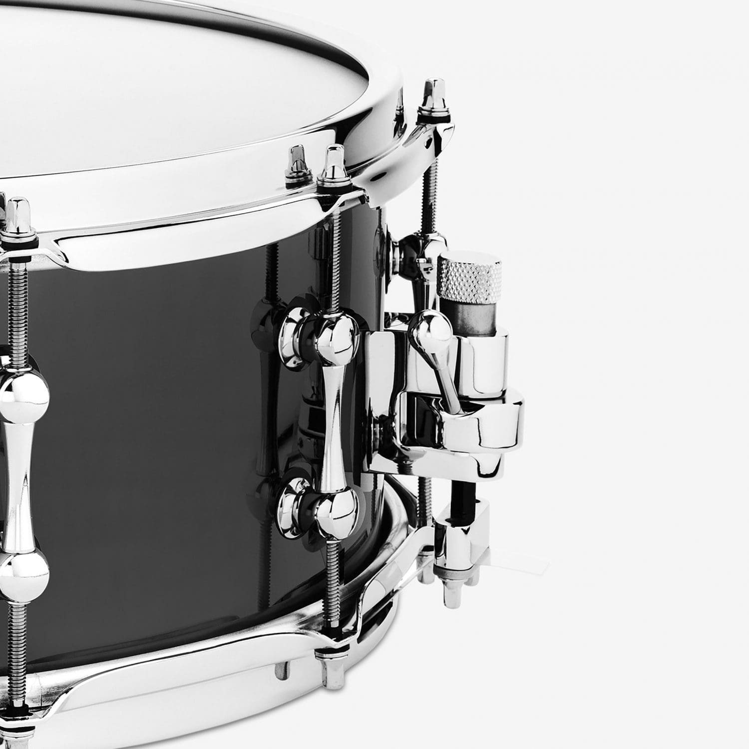 Black Chrome on Bell Brass Snare Drum with Chrome Trick Throw Off